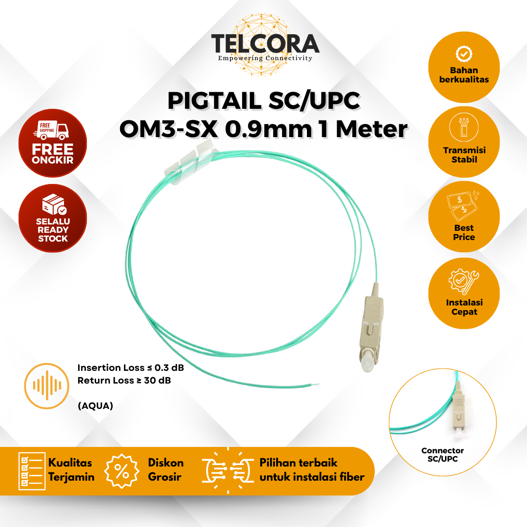 TELCORA Fiber Pigtail SC/UPC 0.9mm OM3-SX 1 Meter G657A1 AQUA Kabel FO Pigtail SC UPC 1M (Per Pcs)