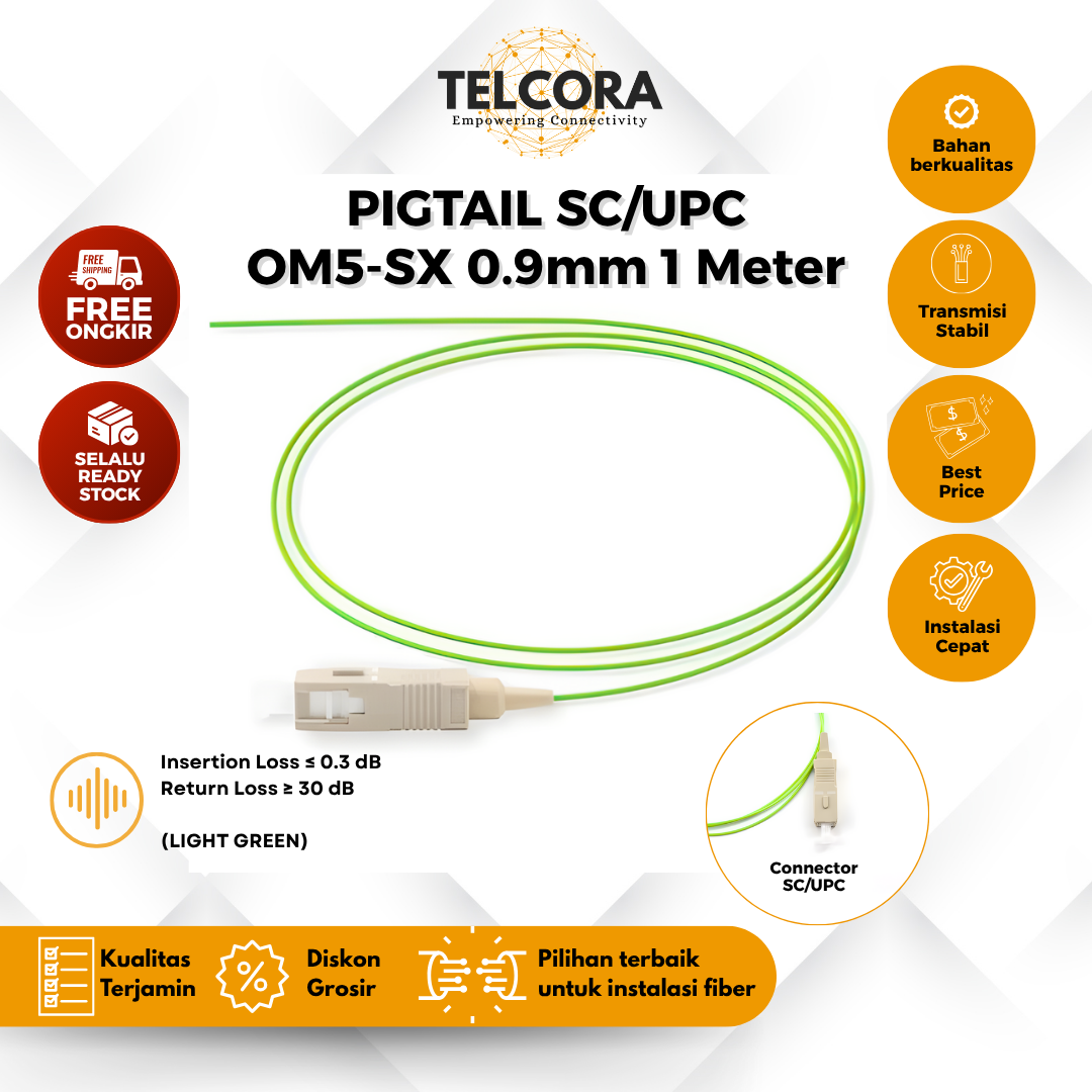 TELCORA Fiber Pigtail SC/UPC 0.9mm OM5-SX 1 Meter G657A1 Light Green Kabel FO Pigtail SC UPC 1M