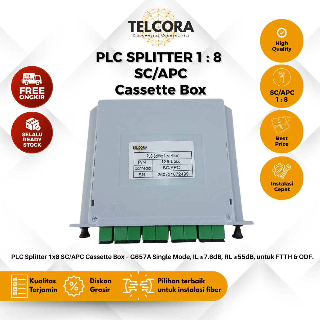 TELCORA Fiber Optic Passive Splitter PLC 1:8 SC/APC Cassette Box FTTH