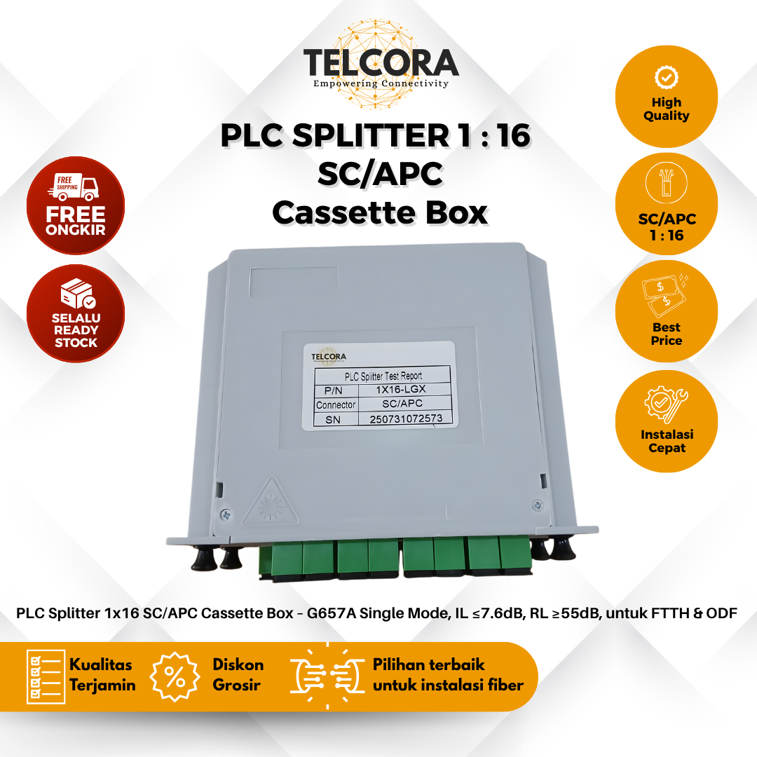 TELCORA Fiber Optic Passive Splitter PLC 1:16 SC/APC Cassette Box FTTH - Gambar 3