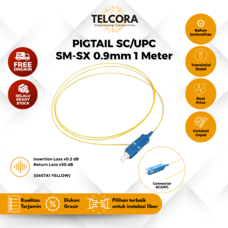 TELCORA Fiber Pigtail SC/UPC 0.9mm SM-SX 1 Meter G657A1 Yellow Kabel FO Pigtail SC UPC 1M (Per Pcs)