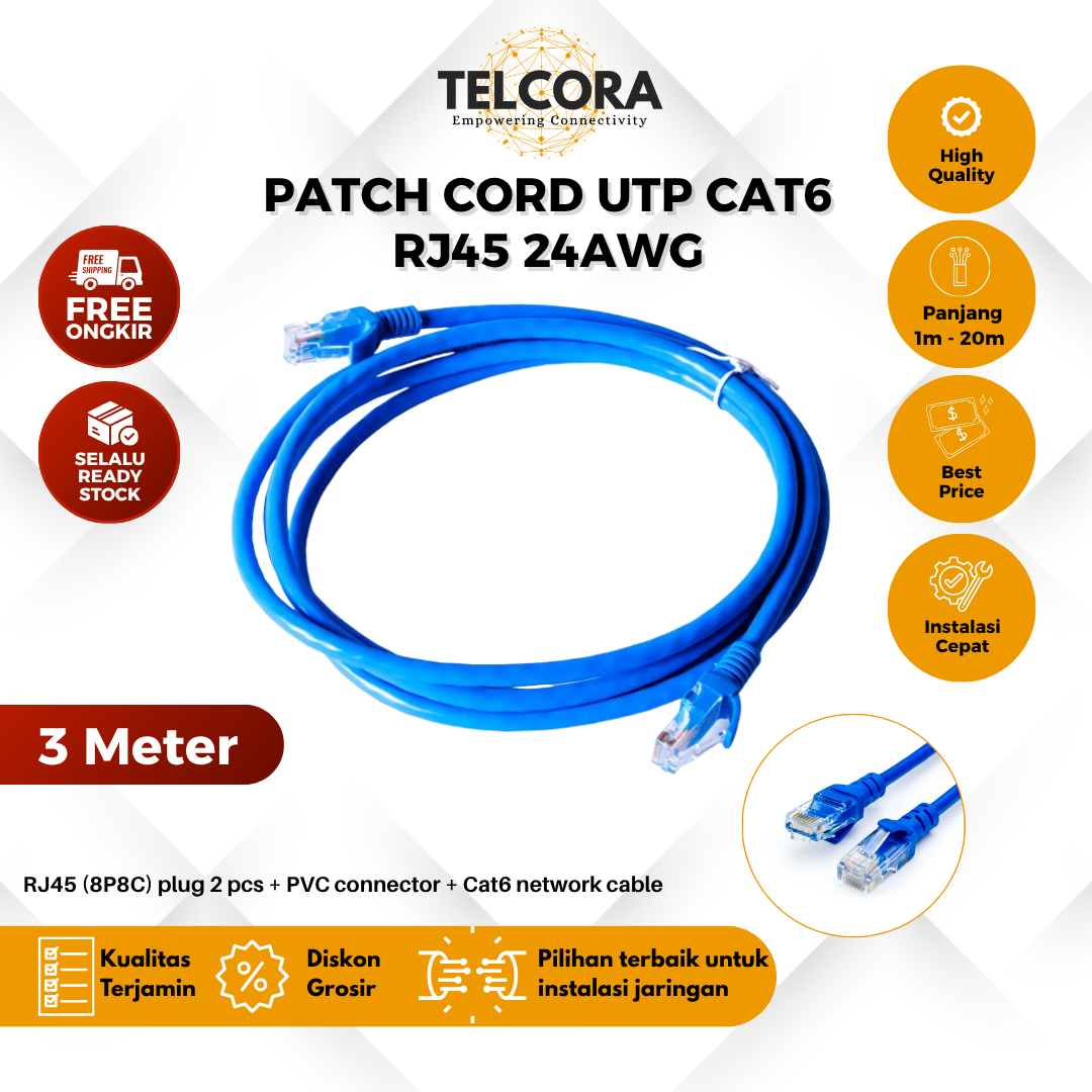 TELCORA Kabel LAN Patch Cord UTP Cat6 RJ45 CU (Copper) PVC Gigabit Ethernet
