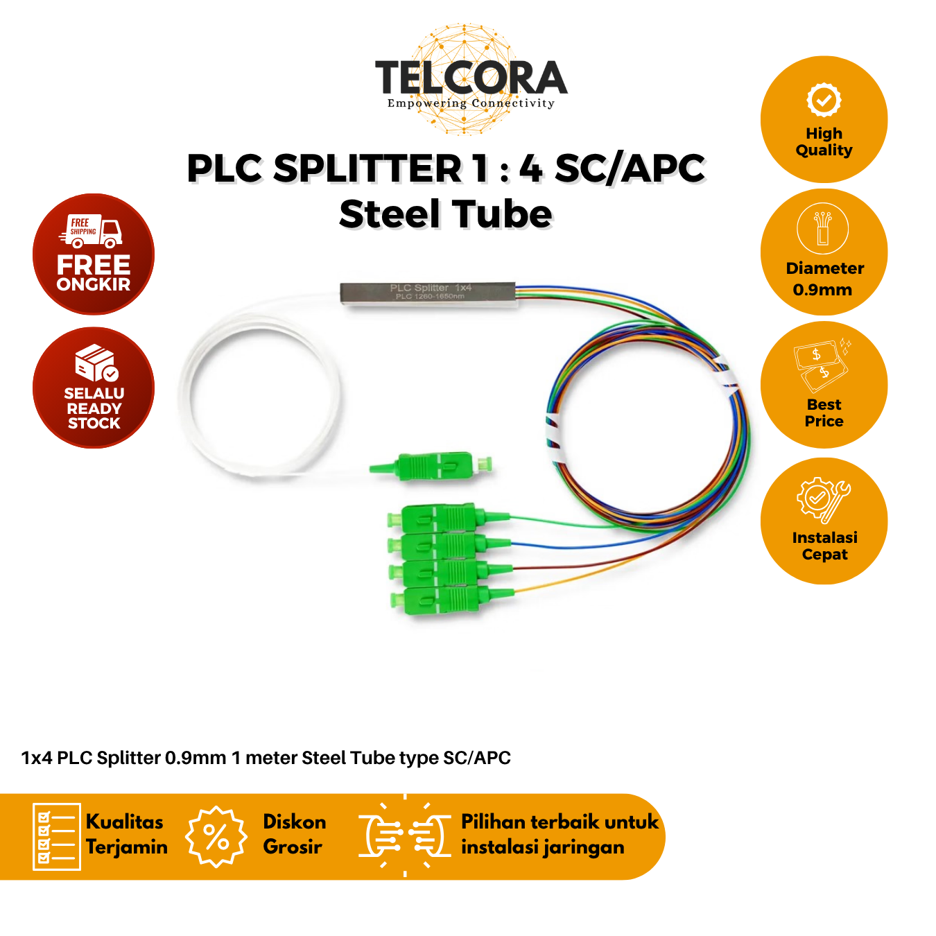 TELCORA Fiber Optic PLC Splitter 1X4 Steel Tube SC/APC 1:4 SM Singlemode 0.9mm 1 Meter - FTTH