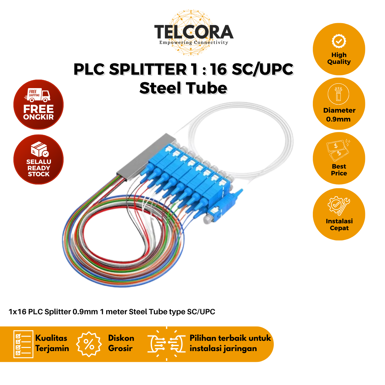 TELCORA Fiber Optic PLC Splitter 1X16 Steel Tube SC/UPC 1:16 SM Singlemode 0.9mm 1 Meter G657A1 FTTH