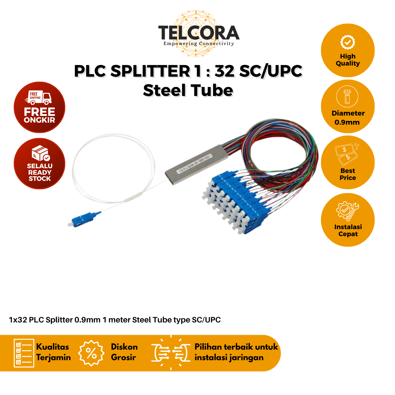 TELCORA Fiber Optic PLC Splitter 1X32 Steel Tube SC/UPC SM Singlemode 1:32 0.9mm 1 Meter FTTH