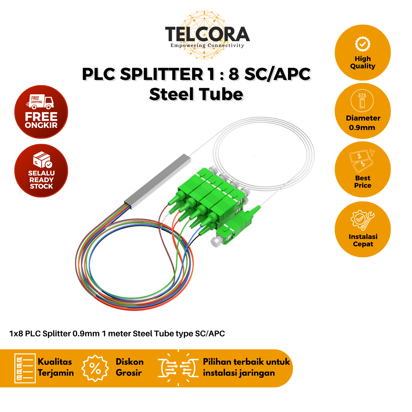 TELCORA Fiber Optic PLC Splitter 1X8 Steel Tube SC/APC 1 : 8 SM Singlemode 0.9mm 1 Meter - FTTH
