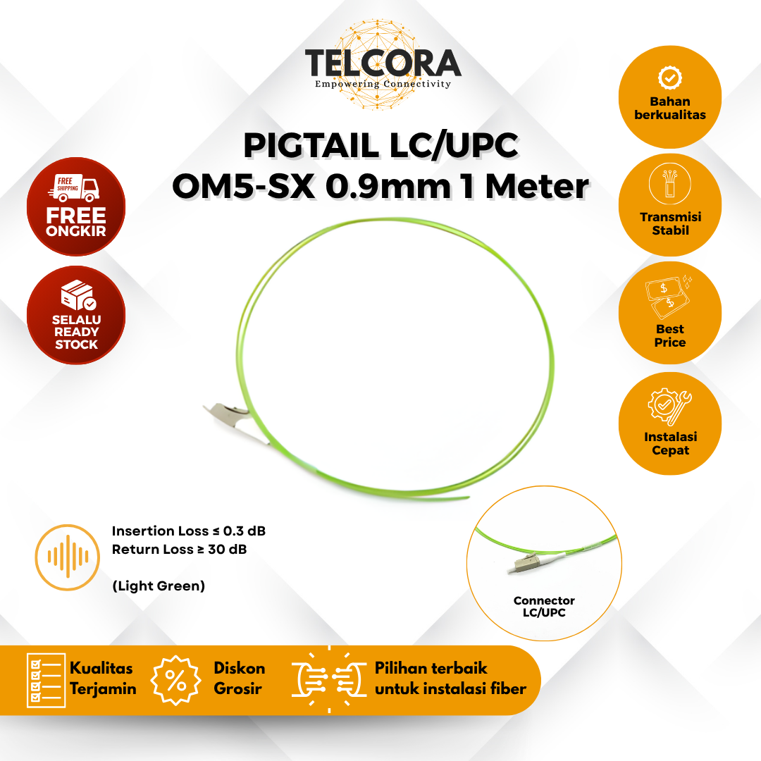 TELCORA Fiber Pigtail LC/UPC 0.9mm OM5-SX 1 Meter G657A1 GREEN Kabel FO Pigtail LC UPC 1M (Per Pcs)