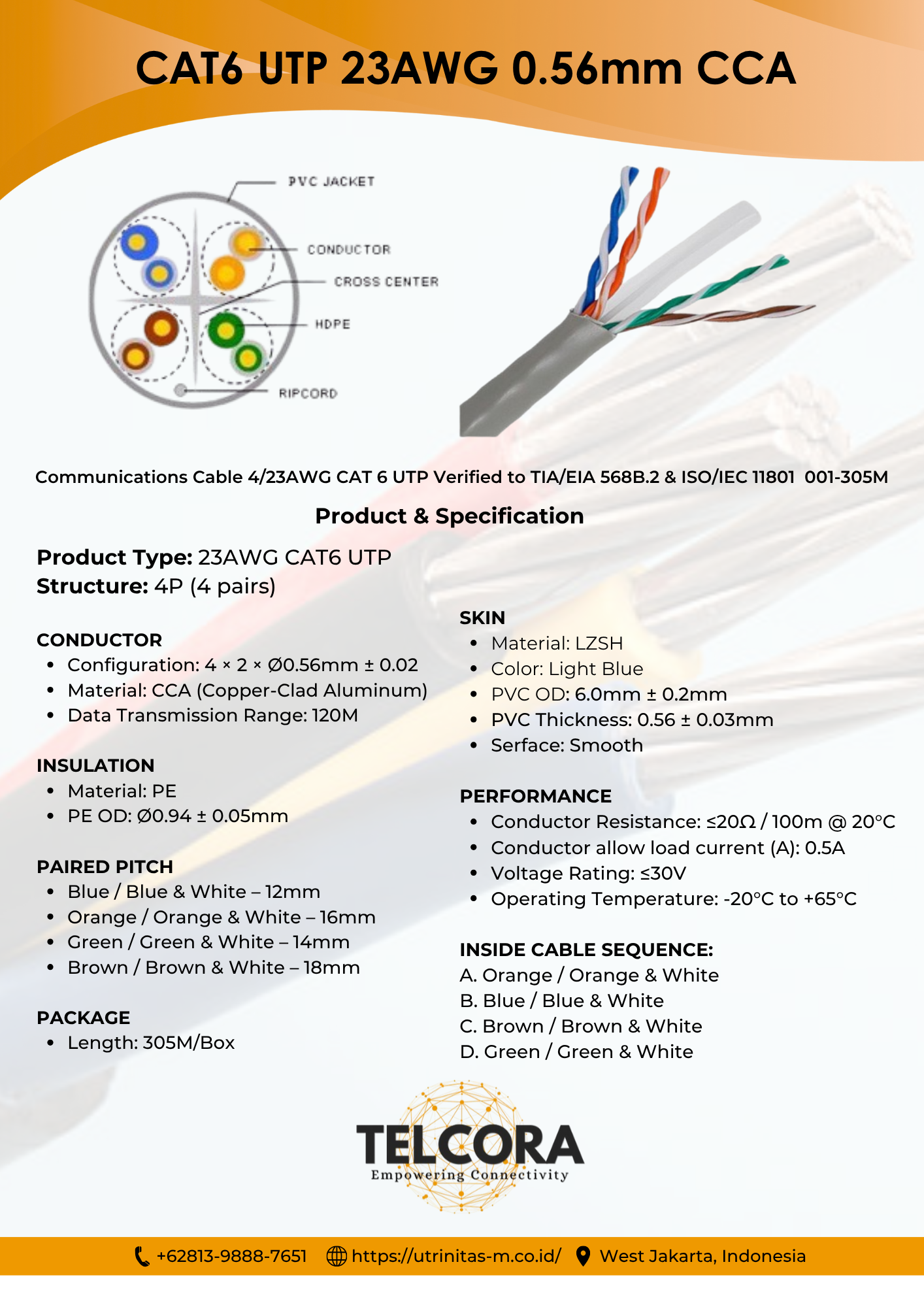 TELCORA Kabel LAN CAT6 UTP CCA Cable 305 Meter LSZH – Kabel LAN Ethernet Network - Gambar 3